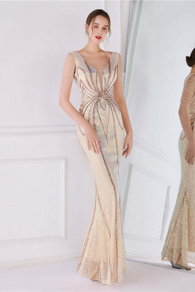 Beaded Floral Sequin Mermaid Party Dress Gold / S