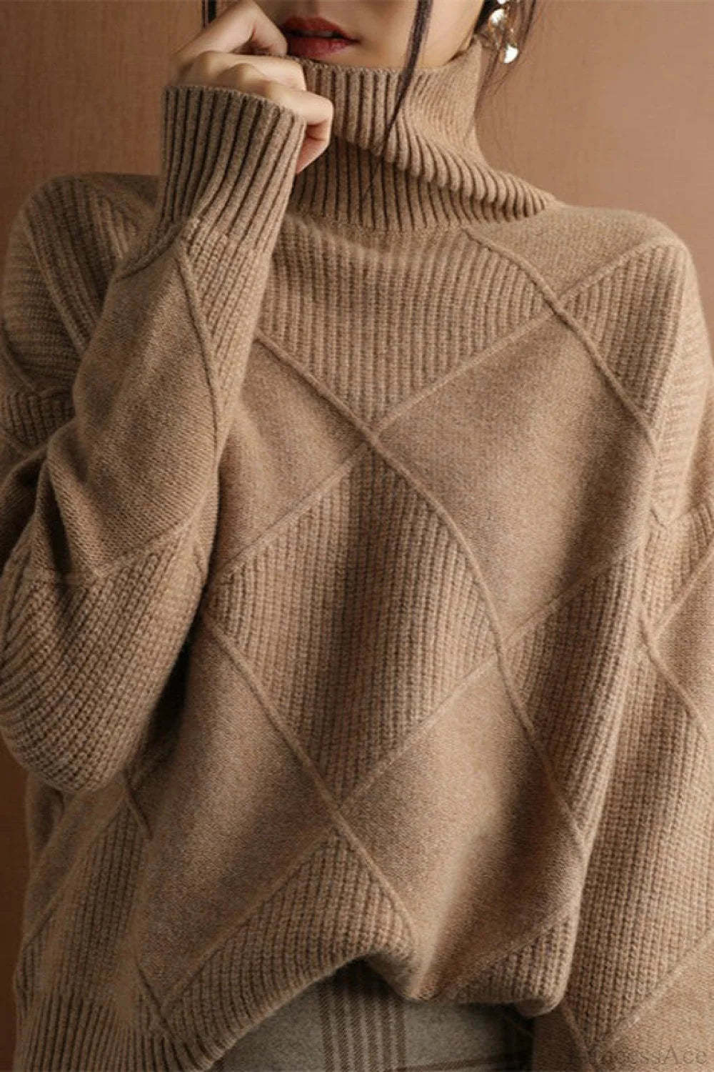 Diamond Pattern Turtleneck Loose Long-Sleeve Sweater