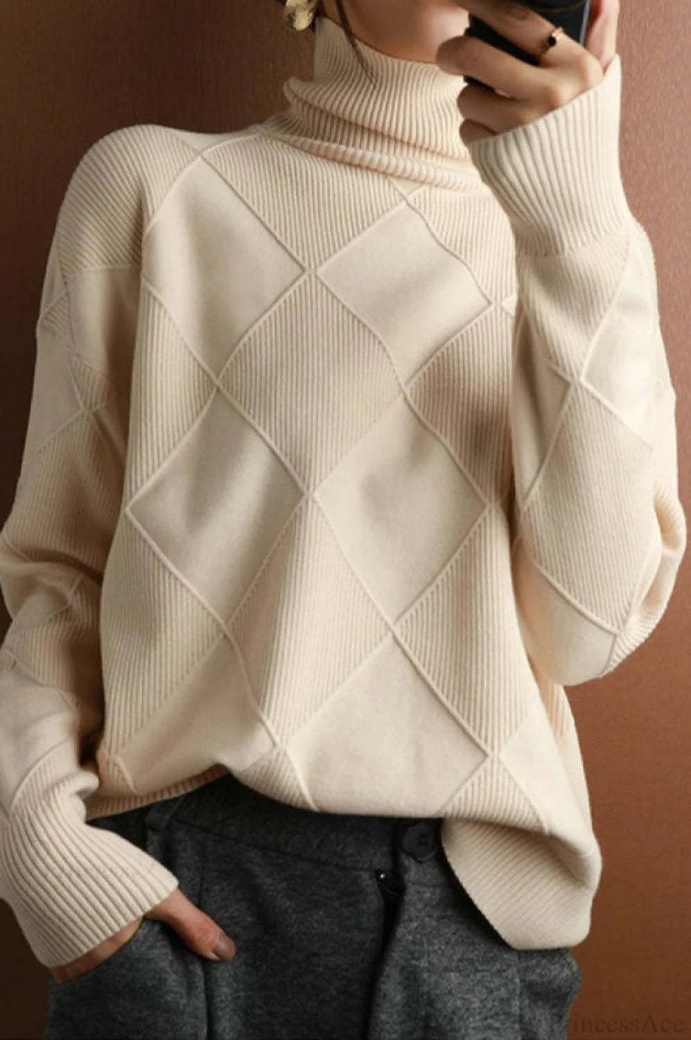 Diamond Pattern Turtleneck Loose Long-Sleeve Sweater