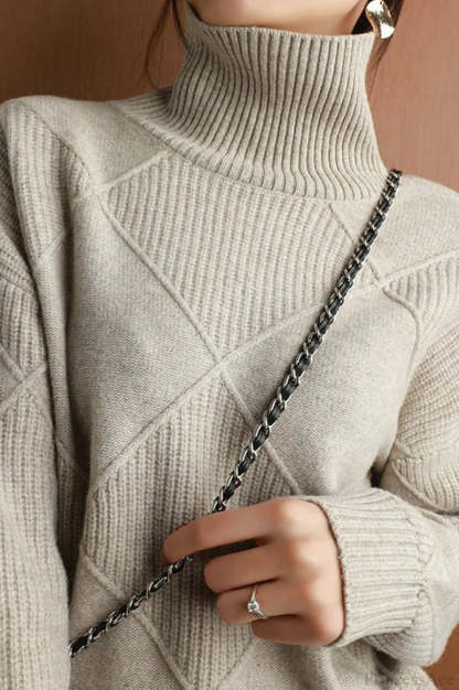 Diamond Pattern Turtleneck Loose Long-Sleeve Sweater