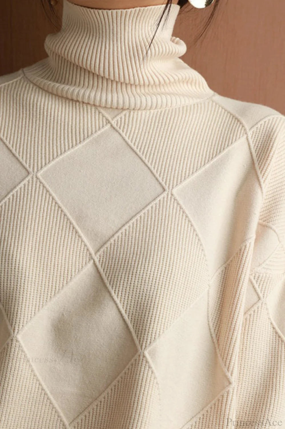 Diamond Pattern Turtleneck Loose Long-Sleeve Sweater
