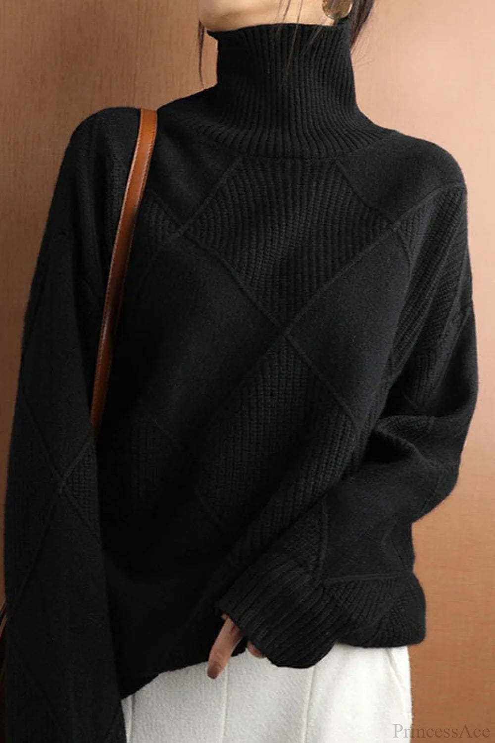 Diamond Pattern Turtleneck Loose Long-Sleeve Sweater Black / S