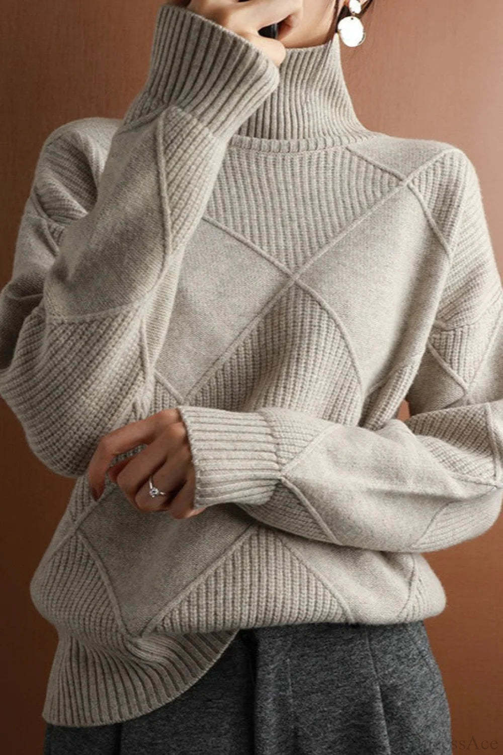 Diamond Pattern Turtleneck Loose Long-Sleeve Sweater Grey / S