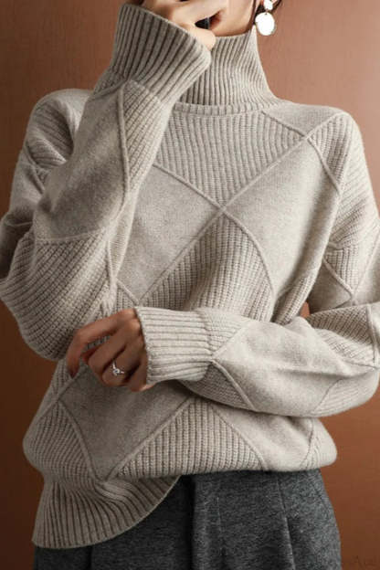Diamond Pattern Turtleneck Loose Long-Sleeve Sweater Grey / S
