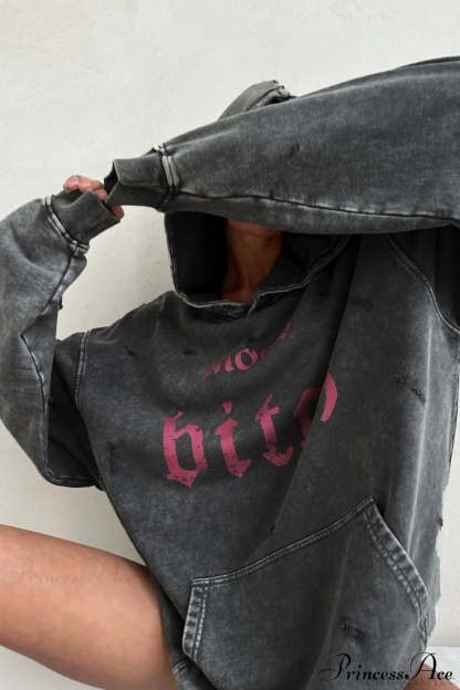 Distressed Hoodie With Letter Print Dark Grey / M