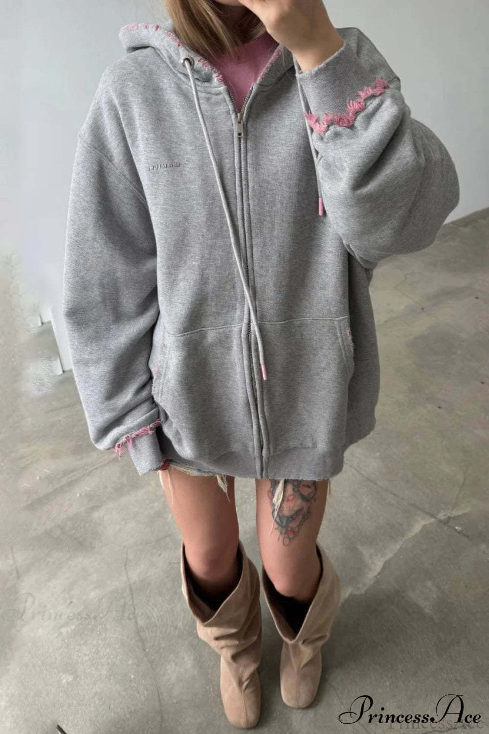 Distressed Pink Zip Loose Hoodie