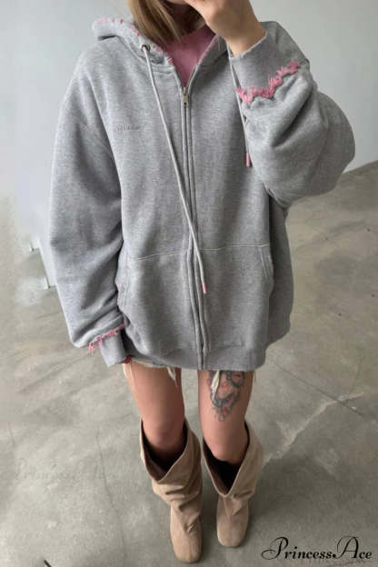 Distressed Pink Zip Loose Hoodie