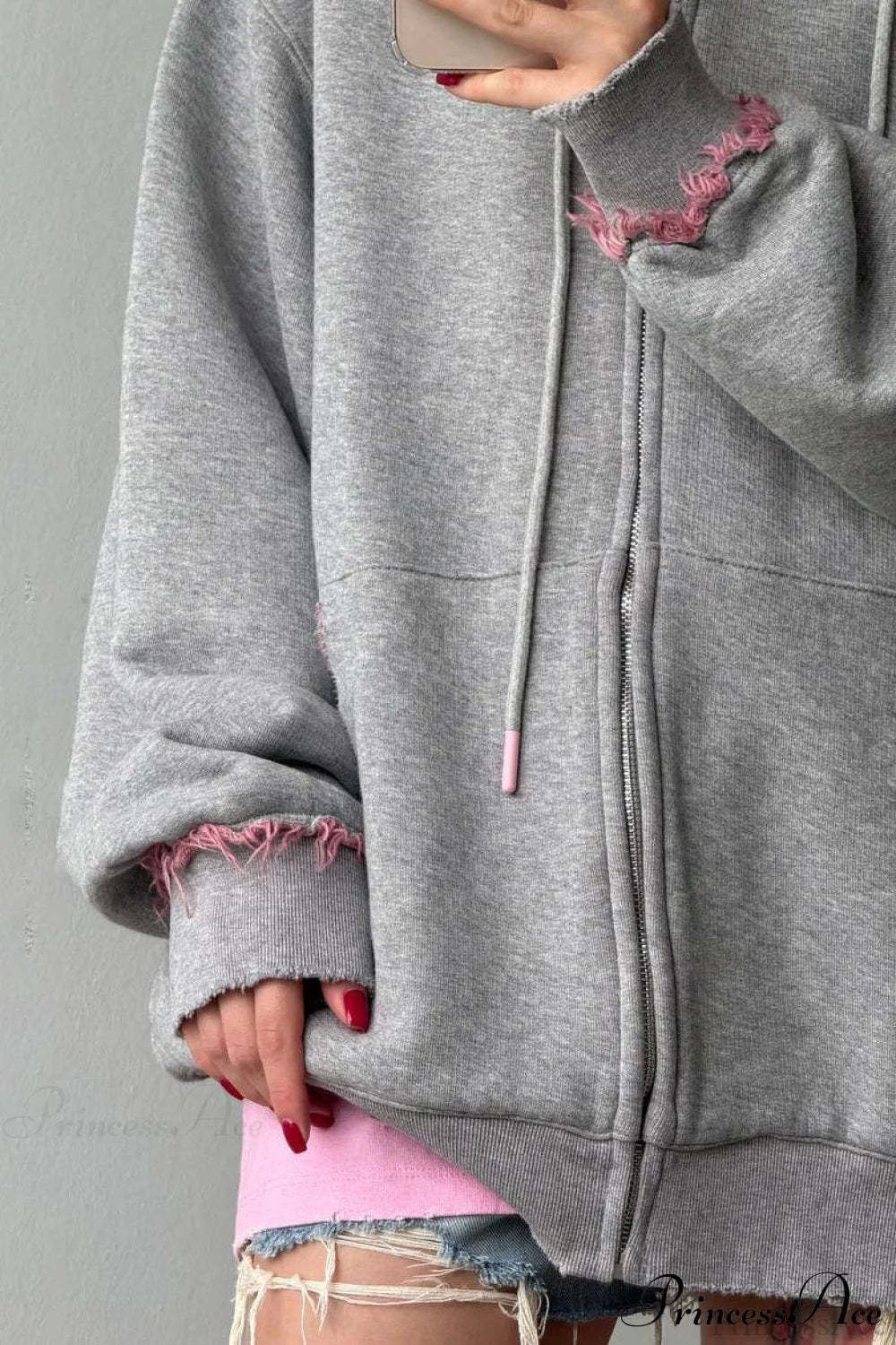 Distressed Pink Zip Loose Hoodie