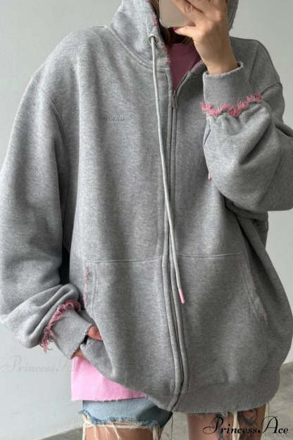 Distressed Pink Zip Loose Hoodie Grey / S
