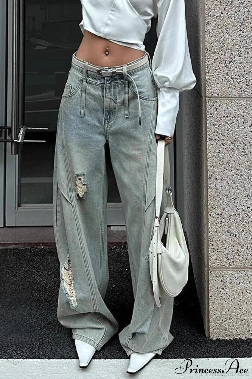 Distressed Ripped Relaxed Curved Leg Jeans