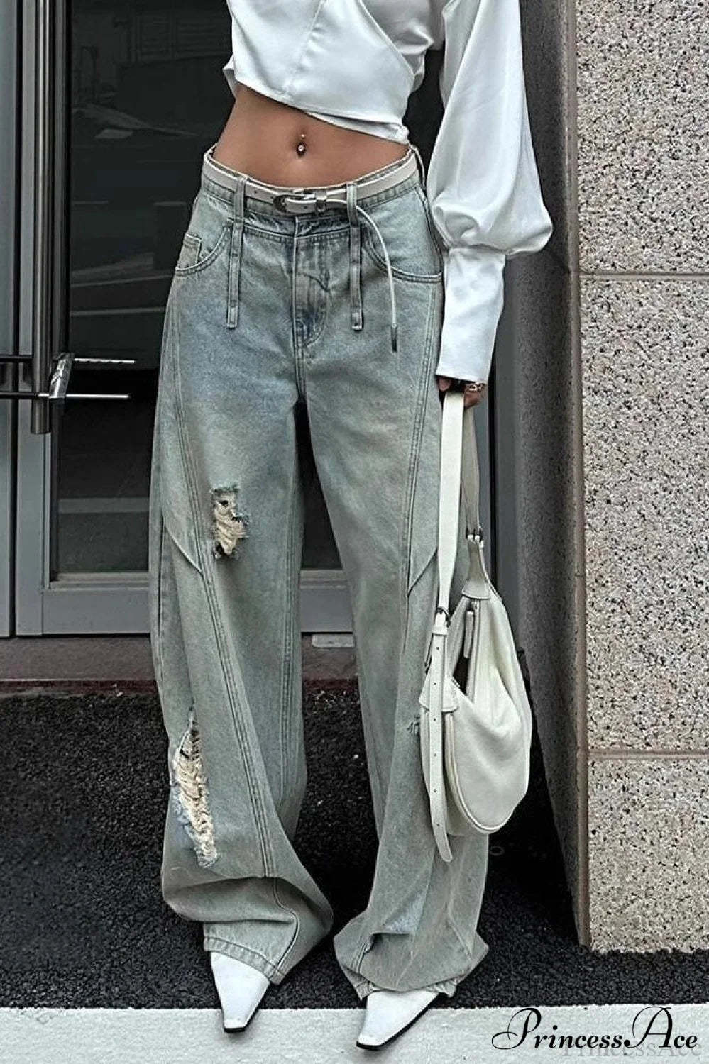 Distressed Ripped Relaxed Curved Leg Jeans