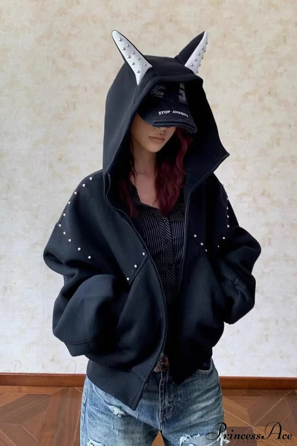 Doberman Ear Trimmed Rivet Patchwork Cropped Zip Hoodie