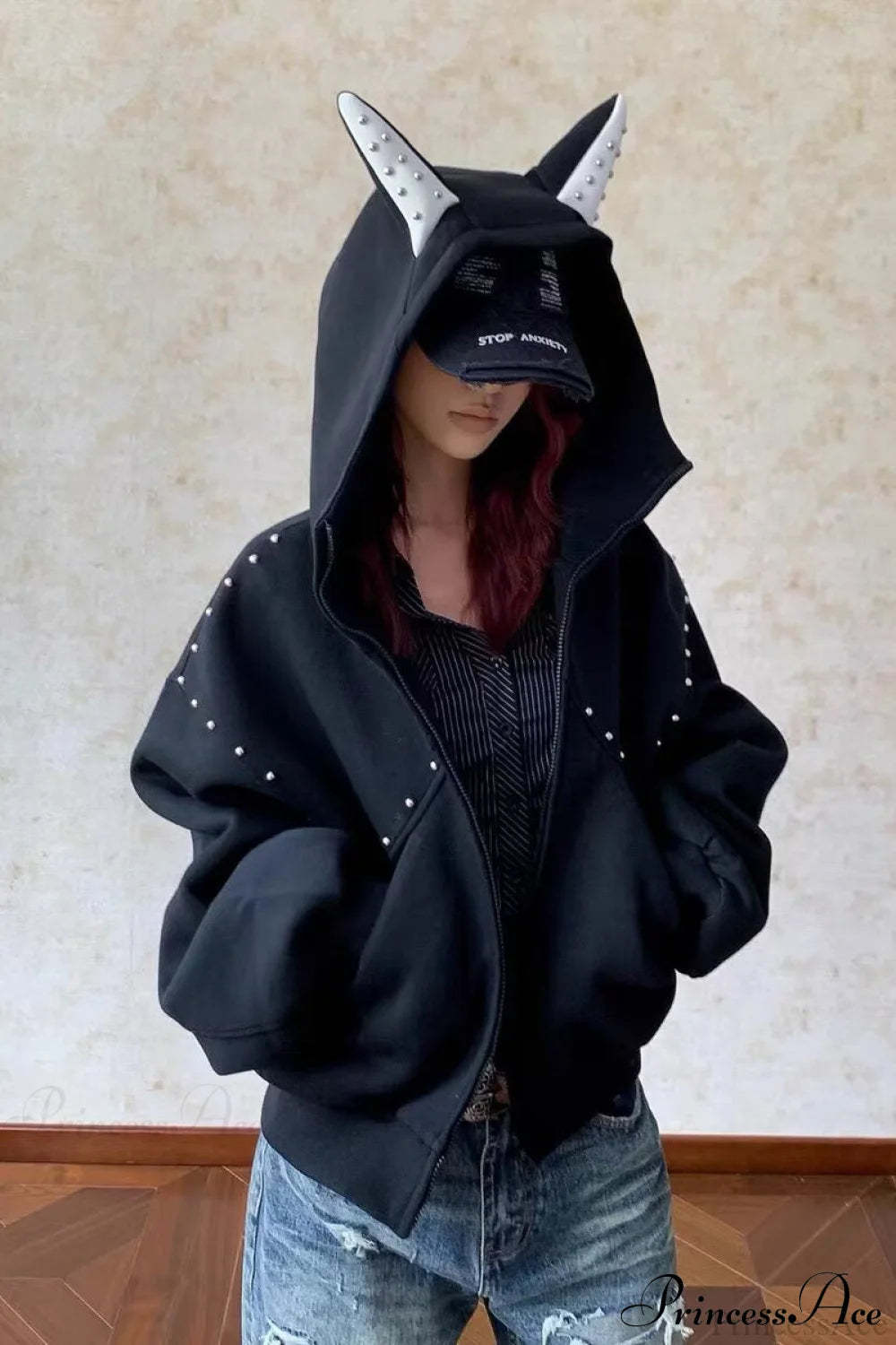 Doberman Ear Trimmed Rivet Patchwork Cropped Zip Hoodie