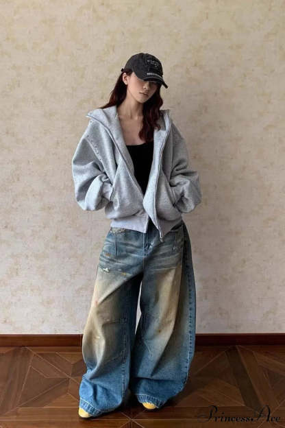 Doberman Ear Trimmed Rivet Patchwork Cropped Zip Hoodie