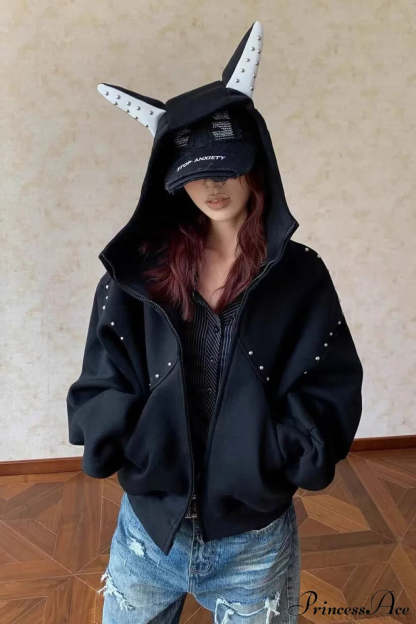 Doberman Ear Trimmed Rivet Patchwork Cropped Zip Hoodie Black / M