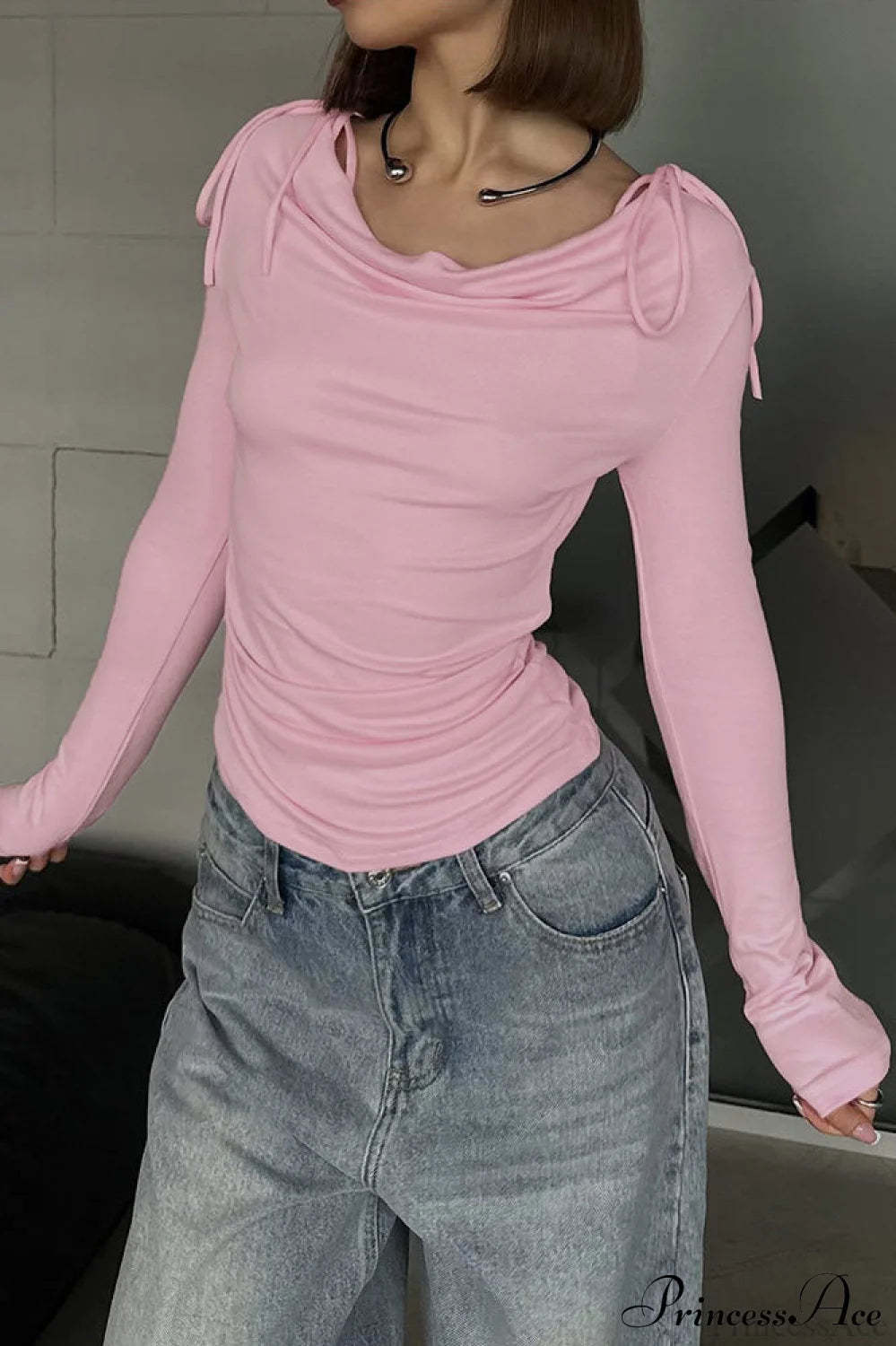 Dopamine Ruffled Tie Waist Draped Neck Long Sleeve Tee