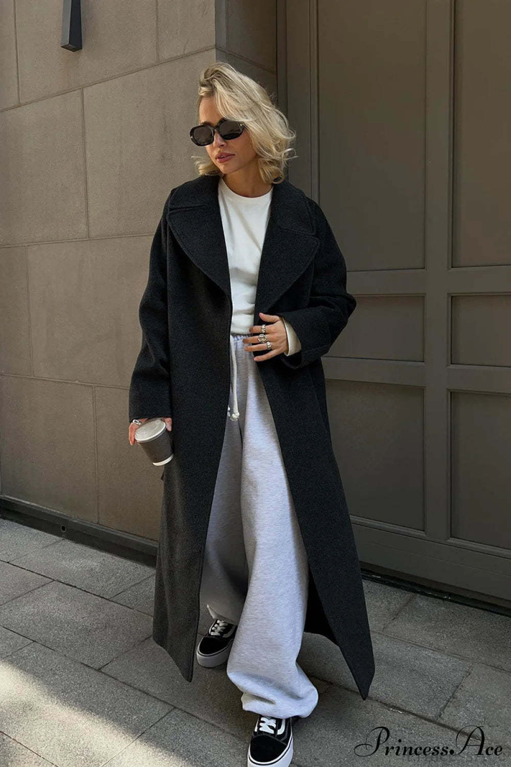 Double Faced Wool Raglan Sleeve Loose Overcoat Dark Gray / S