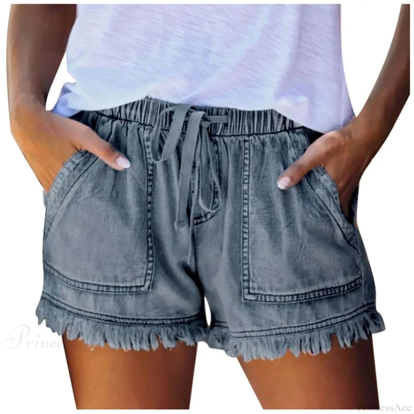Drawstring Tassel Hem Denim Short short-250223