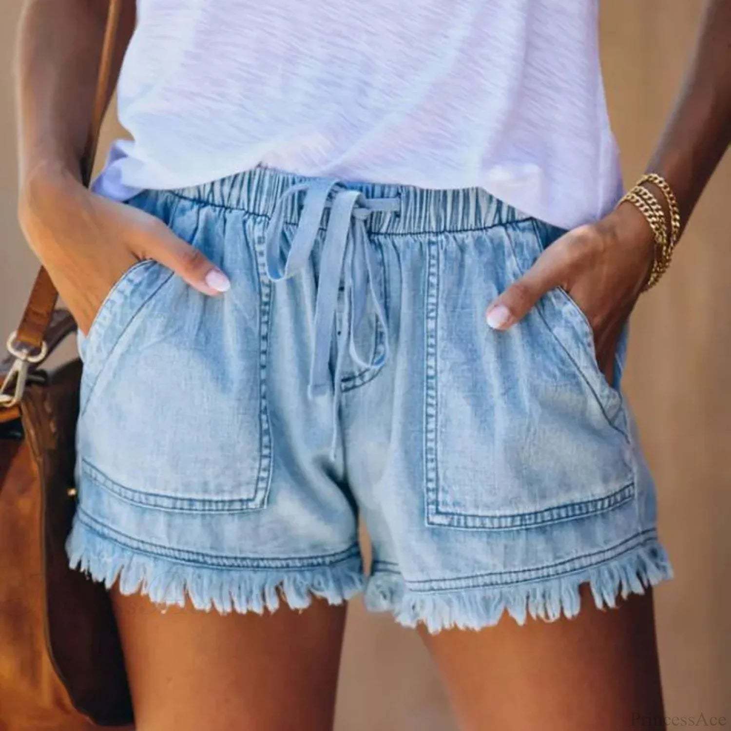 Drawstring Tassel Hem Denim Short Light blue / S short-250223