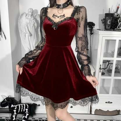 Durable Lace Plunging Neckline Mini Dress Red / S