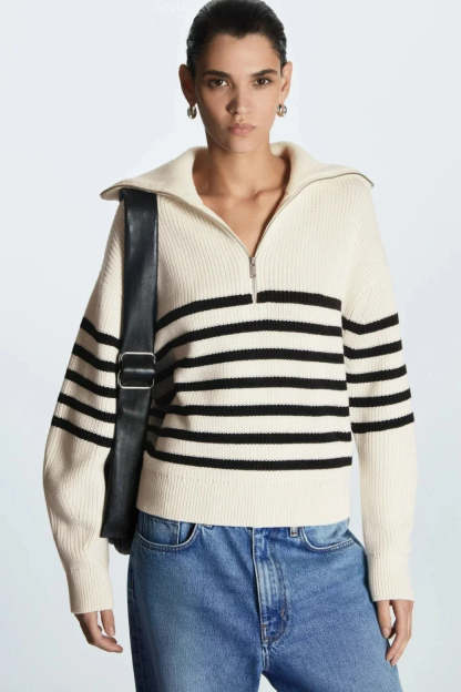 Fashion Wool Blend Open Collar Sweater White Stripes / XS
