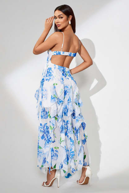 Slit Ruffled Floral Print Party Dress