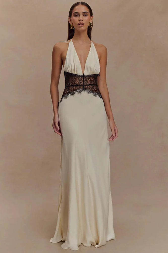 Lace Patchwork Backless Halter Boho Dress White / S