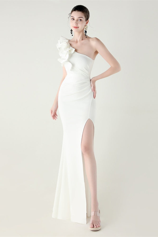 Ruffled Floral One Shoulder Satin Party Dress White / S