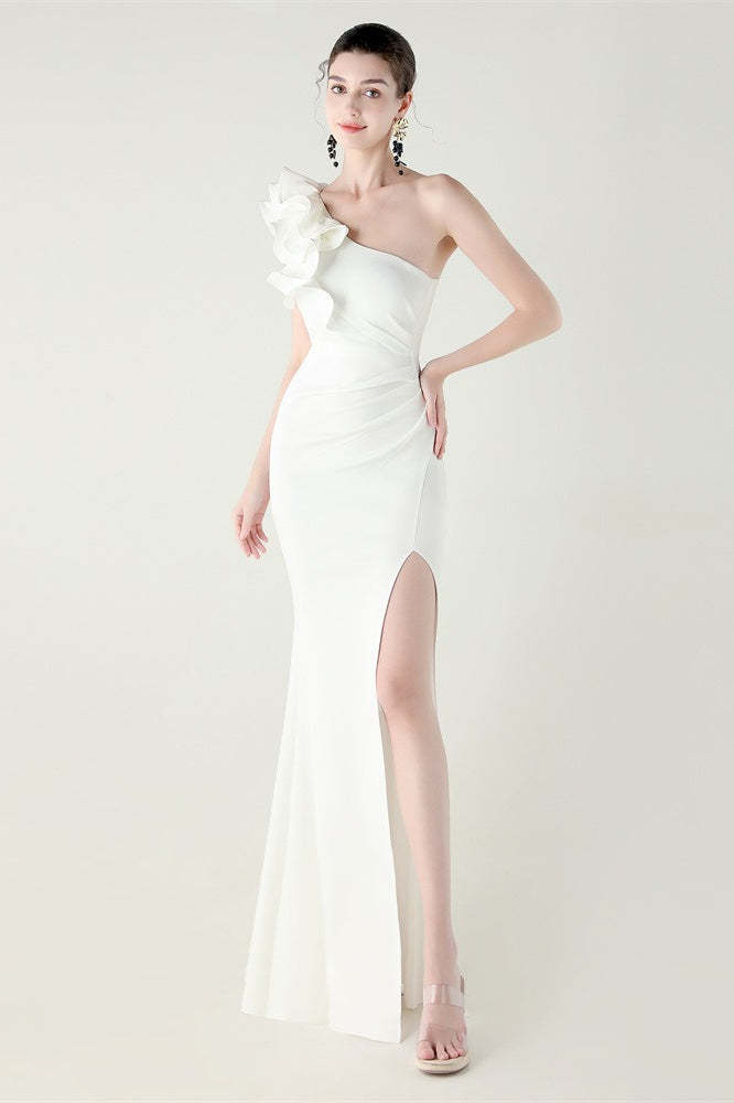 Ruffled Floral One Shoulder Satin Party Dress White / S