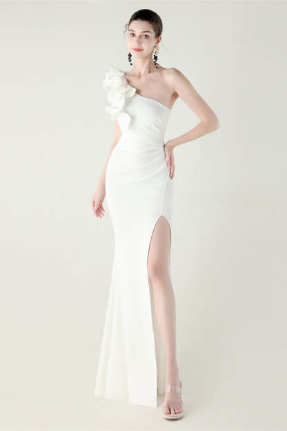 Ruffled Floral One Shoulder Satin Party Dress White / S