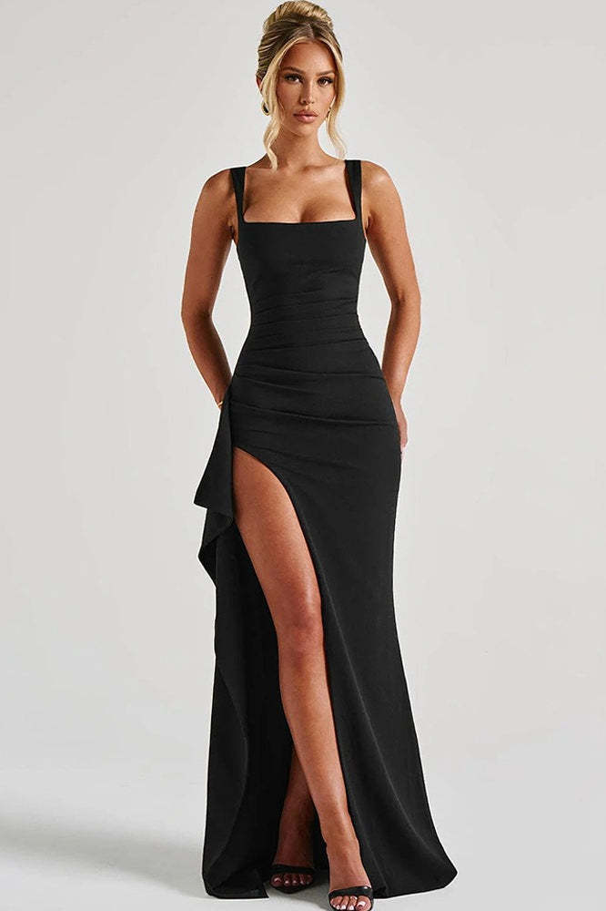 Sexy Spaghetti Strap High Slit Maxi Party Dress S / Black