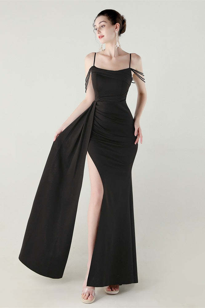 Satin Spaghetti Strap Mermaid Party Dress Black / S