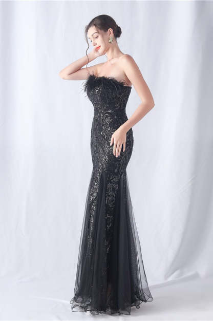 Ostrich Feather Sequin Evening Party Dress
