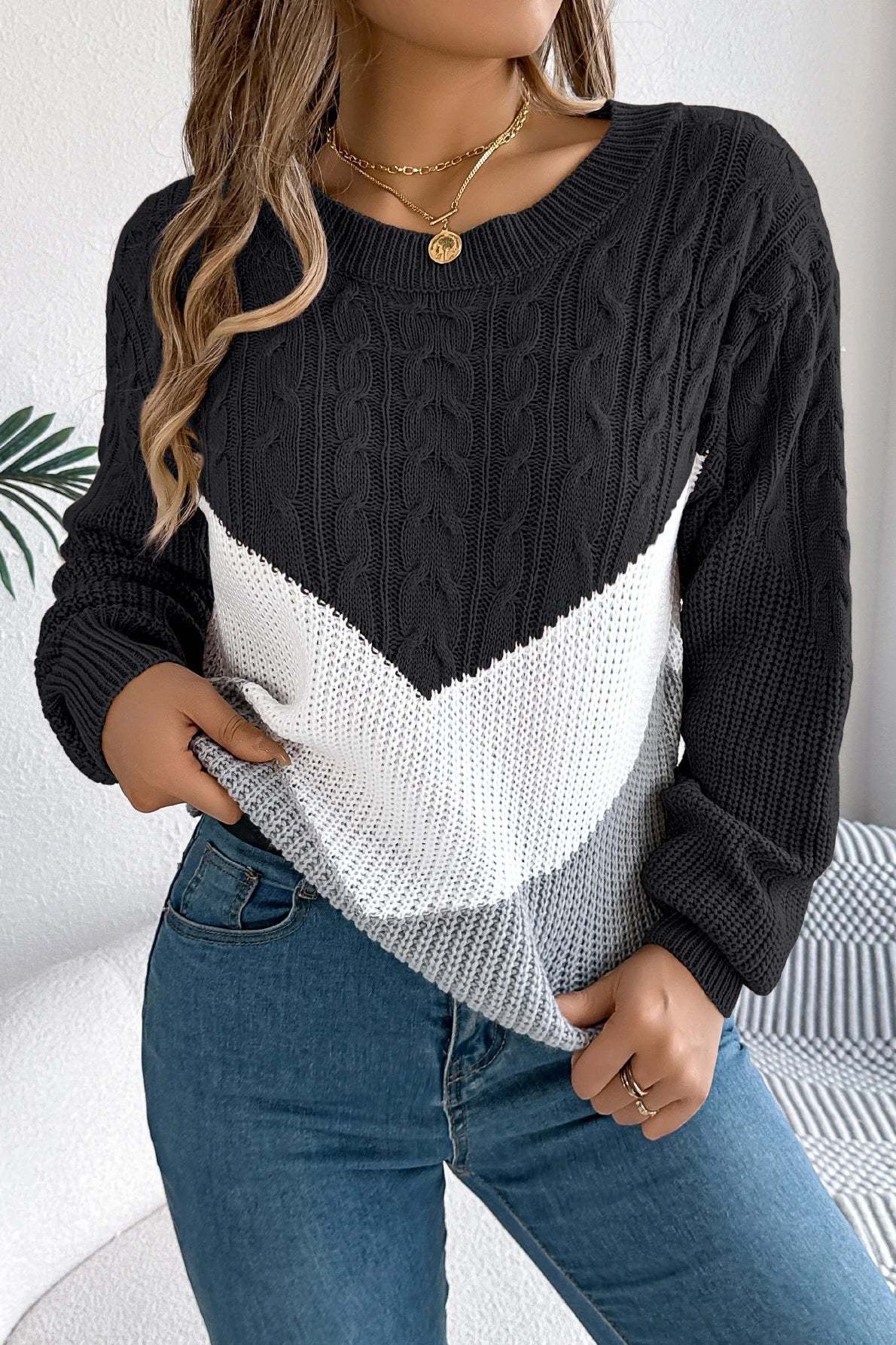 Colorblock Round Neck Pullover Sweater Black / S