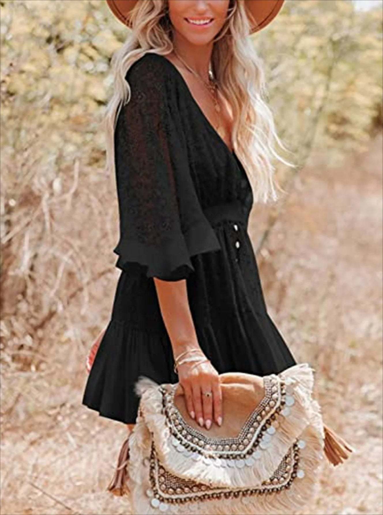 Lace V Neck Ruffle Mini Boho Dress