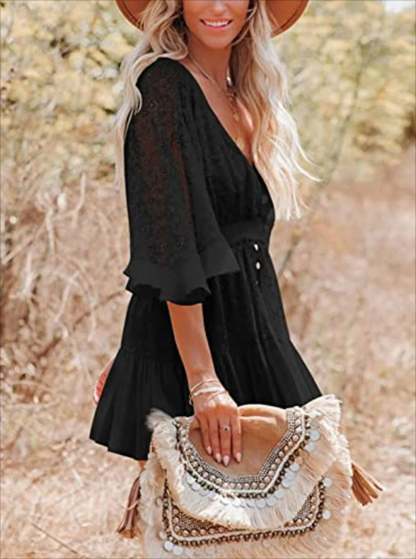 Lace V Neck Ruffle Mini Boho Dress