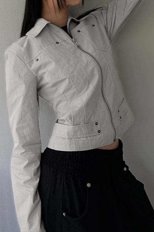 Zip Up Solid Color Utility Jacket Ivory / S