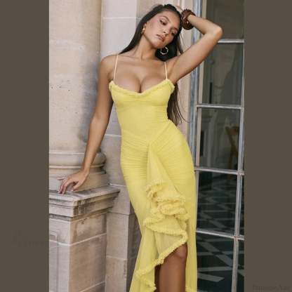 Elastic Mesh Ruffles Vacation Dress vacationdress-250223