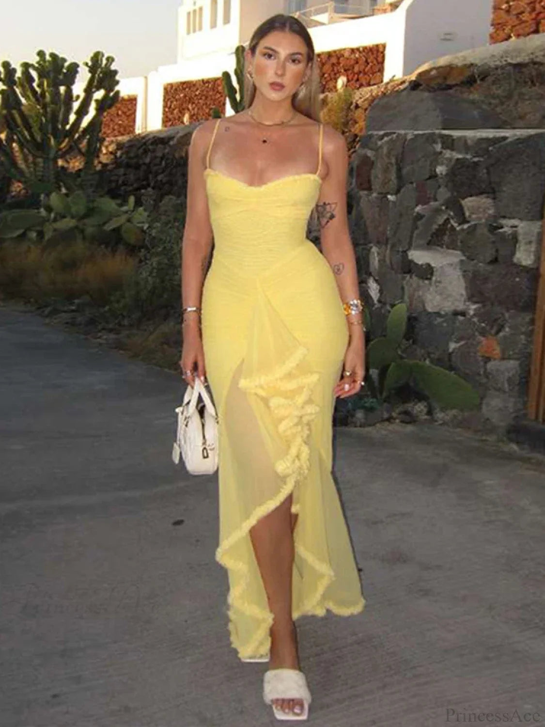 Elastic Mesh Ruffles Vacation Dress vacationdress-250223