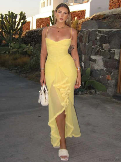 Elastic Mesh Ruffles Vacation Dress vacationdress-250223