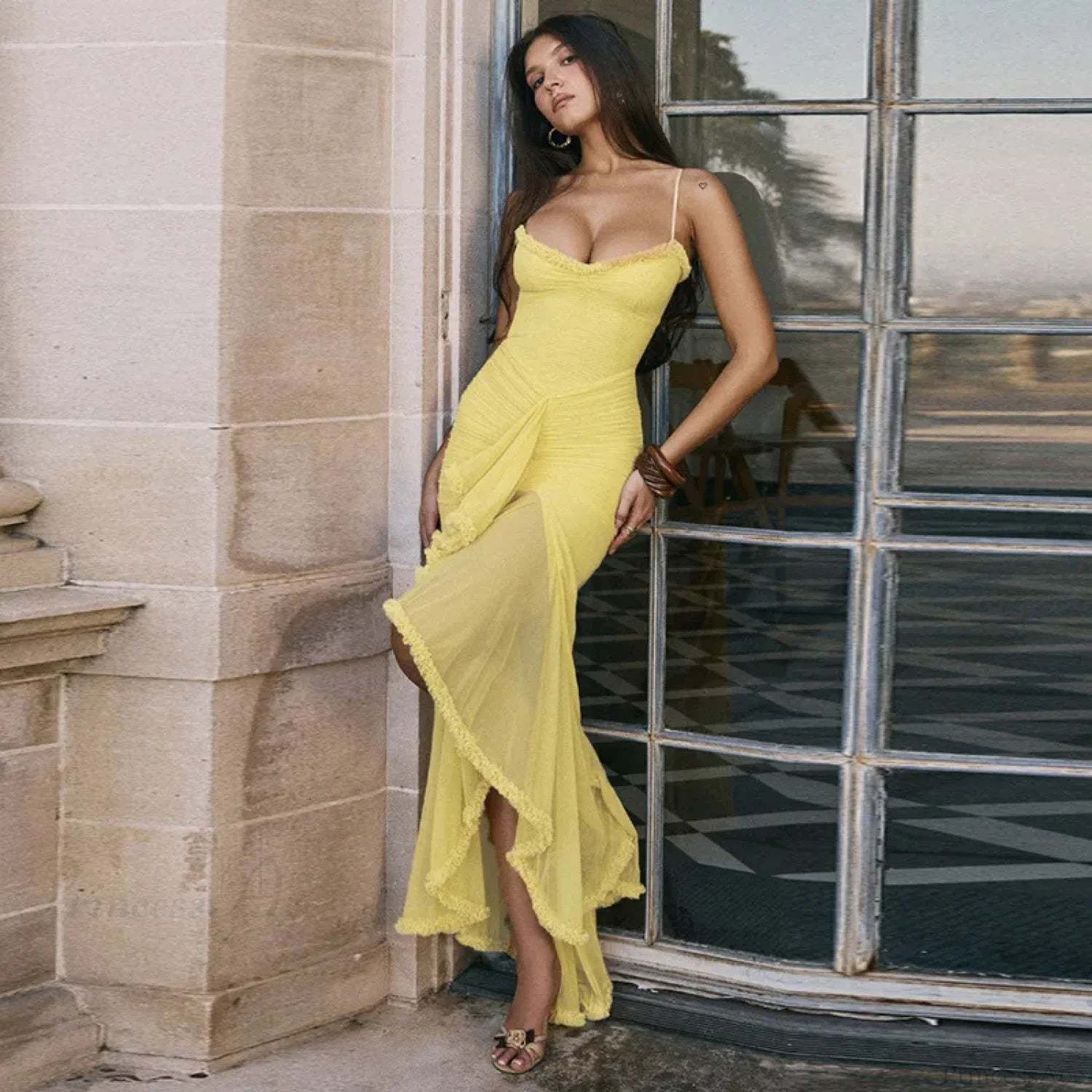 Elastic Mesh Ruffles Vacation Dress vacationdress-250223