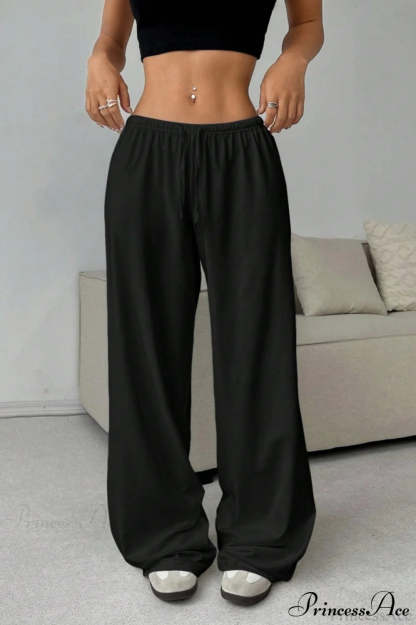 Elastic Waist Drawstring Wide Leg Pants Black / S