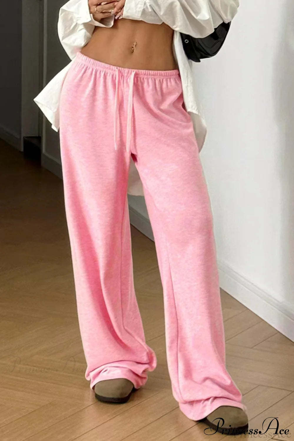 Elastic Waist Drawstring Wide Leg Pants Pink / S