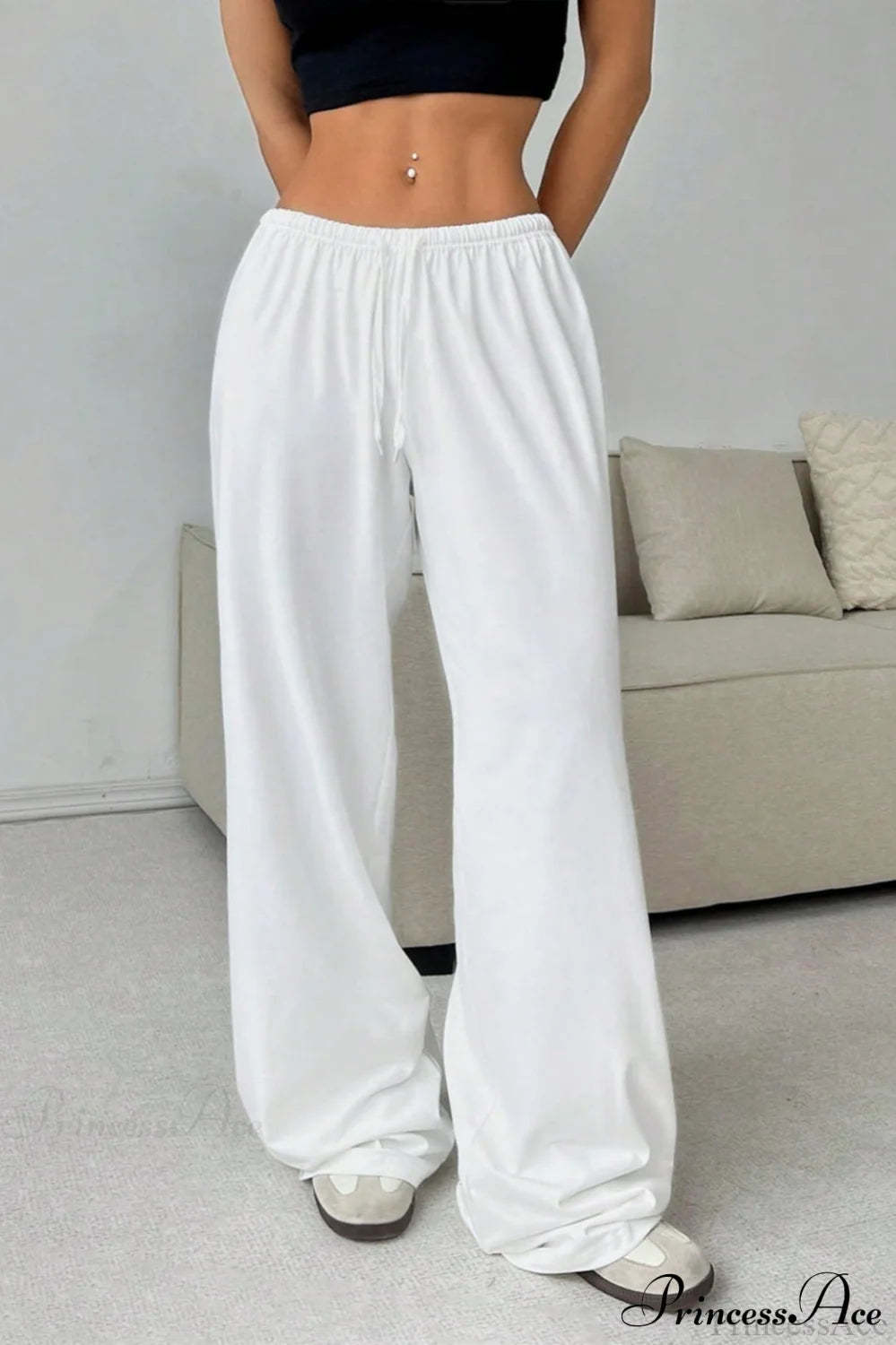 Elastic Waist Drawstring Wide Leg Pants White / S