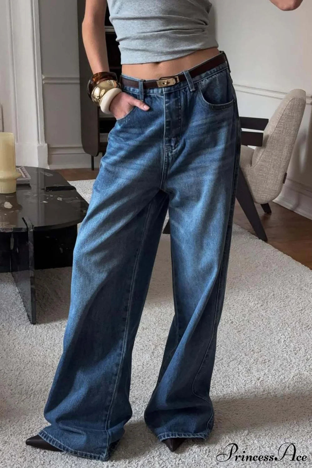 Elegant High Waist Loose Straight Leg Jeans Blue / S