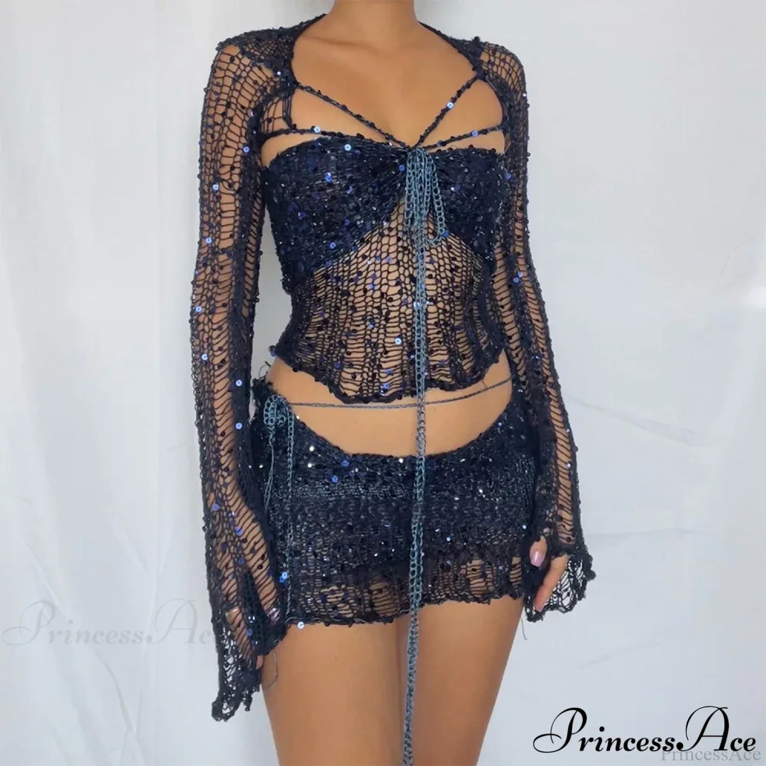 Beaded Sweater Maxi Dress Navy Blue / S