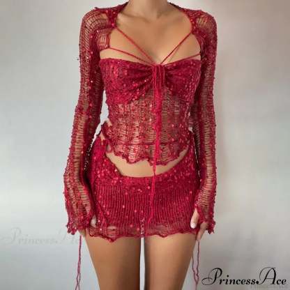 Beaded Sweater Maxi Dress Red / S