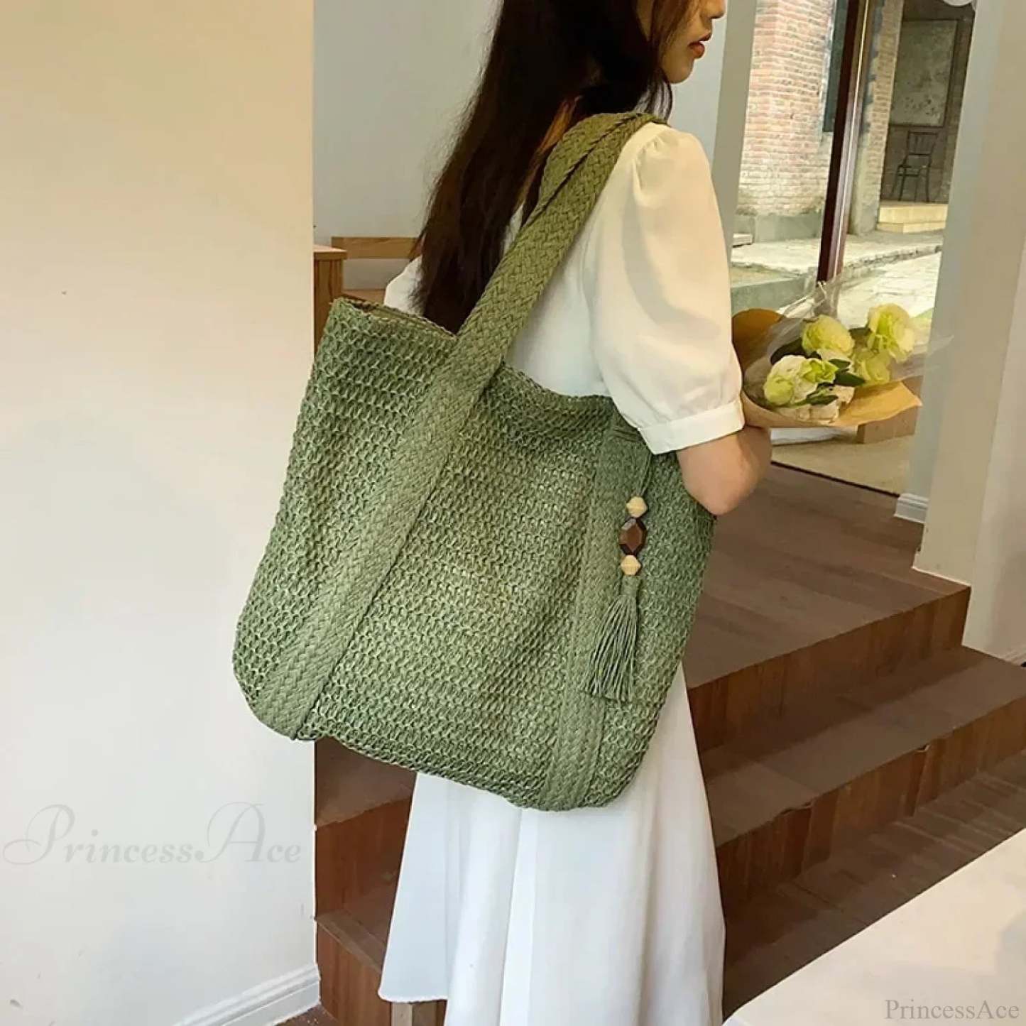 Elegant Ladies Straw Woven Shoulder Bag Green shoulder-250126