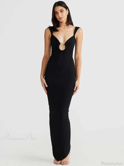 Elegant Maxi Spaghetti Strap Vacation Dress Black / S vacationdress-250223