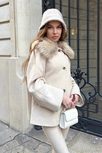 Elegant Relaxed Faux Fur Collar Single-Breasted Coat